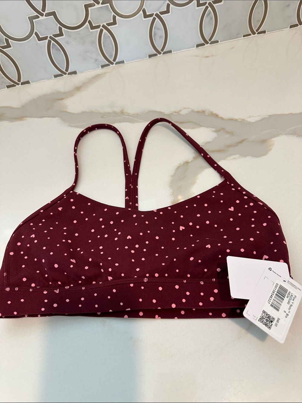 NWT size 8 Lululemon Heart Scatter Dot Burgundy candy cloud Flow Y Bra